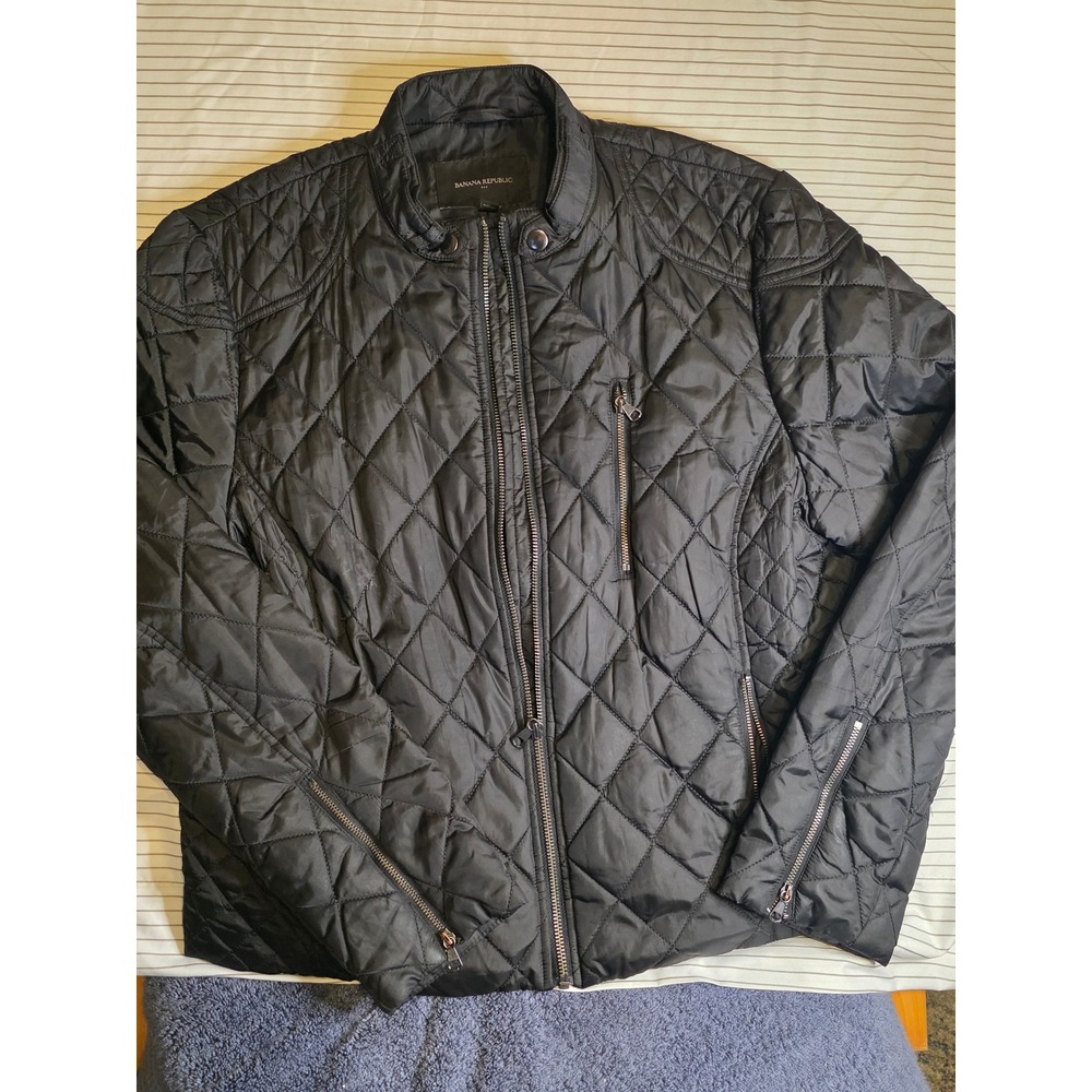 1320 Banana Republic Mens Black Quilted Moto Jacket XL Diamond Puffer Full Zip